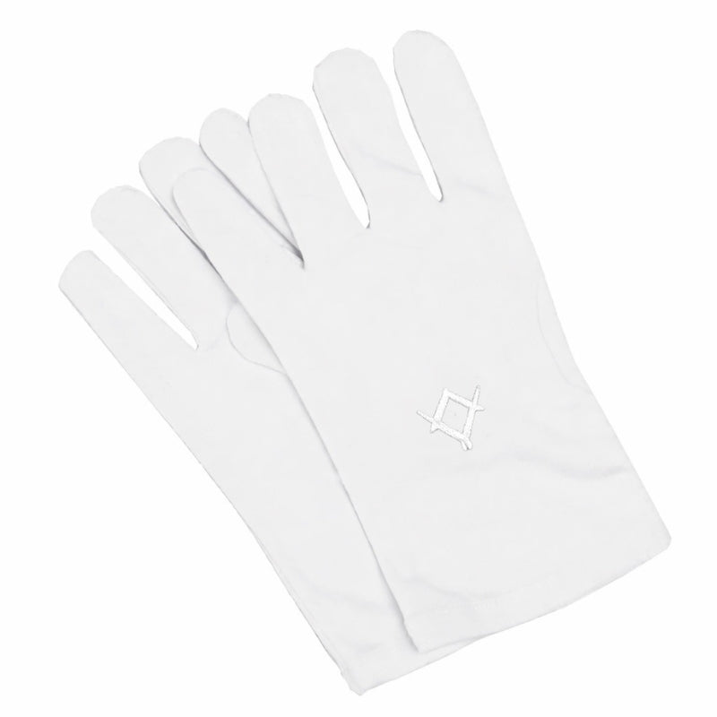 Gants blancs maçonniques - broderie Équerre Compas blanche