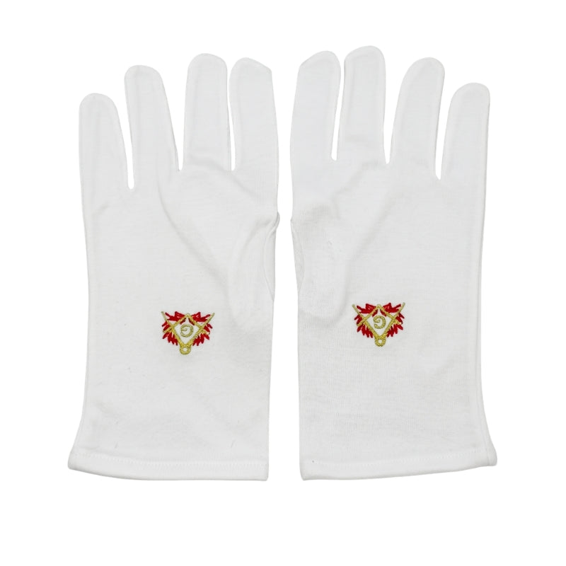 Gants blancs maçonniques - broderie Équerre Compas Acacia dorée rouge