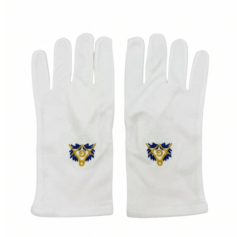 Gants blancs maçonniques - broderie Équerre Compas Acacia dorée bleue foncée