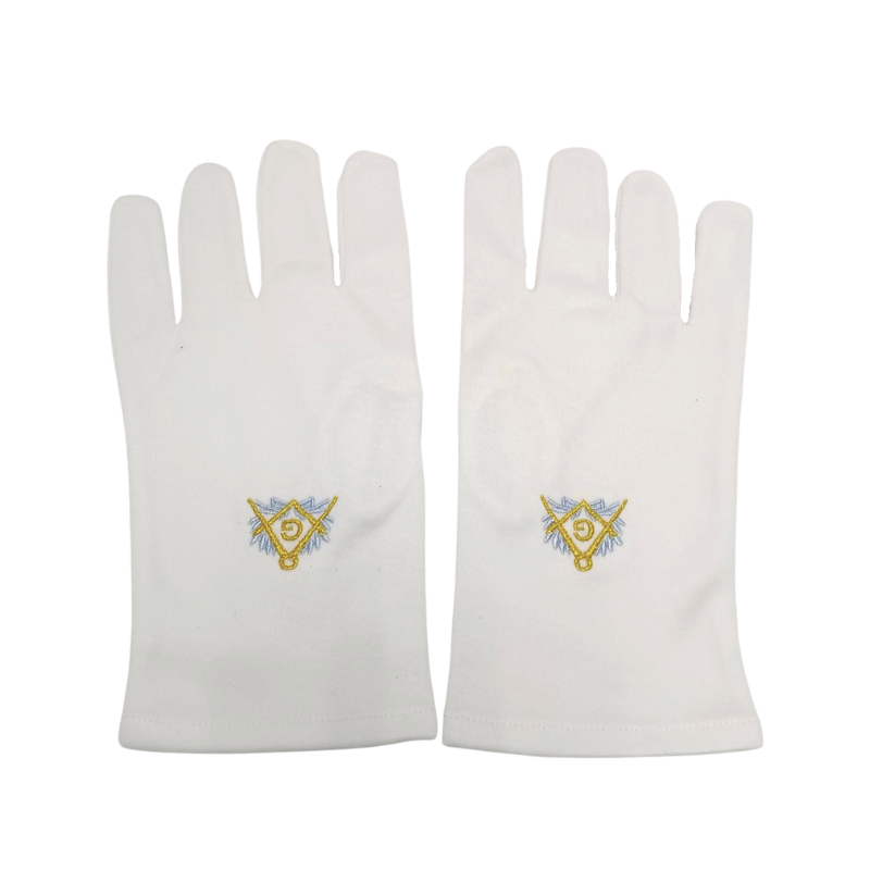 Gants blancs maçonniques - broderie Équerre Compas Acacia dorée bleue